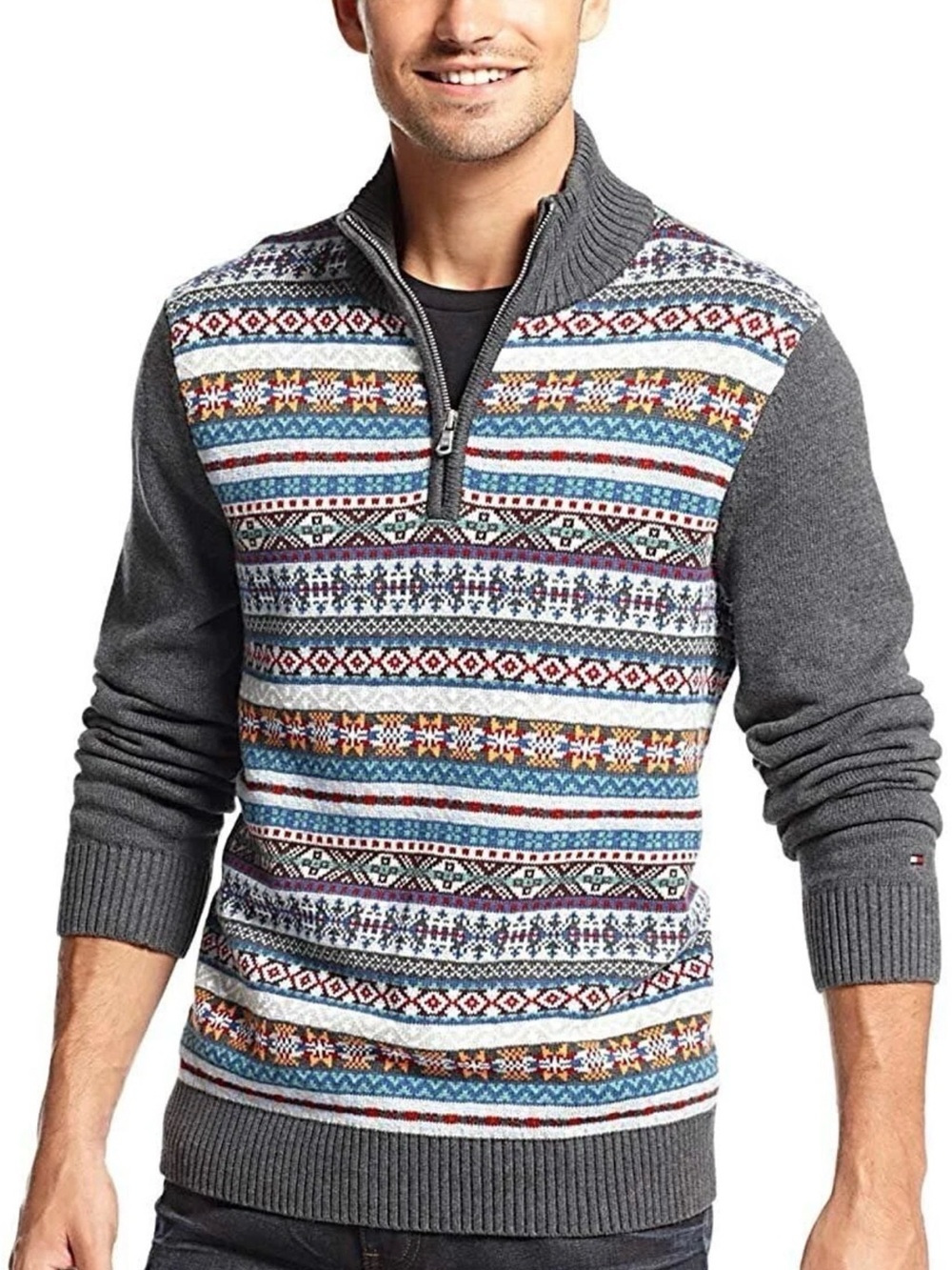 Tommy Hilfiger Gray Fair Isle Zip-Up Sweater with Multicolor Pattern Mock Neck